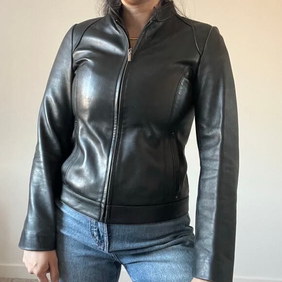 100% Lambskin Leather Black Fitted Jacket Grunge Biker Moto Jacket - Picture 3 of 15